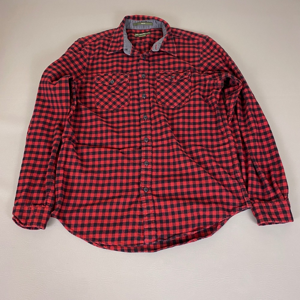 Eddie Bauer Flannel Shirt Mens Size Large Tall Slim Fit Buffalo Plaid Red Black